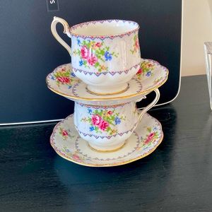 2 Petit Point Cup and Saucers